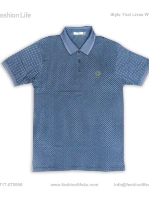 Premium China Stretch Polo Shirt–Digital Allover Print-Blue