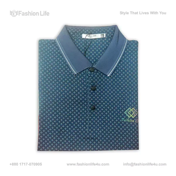Premium China Stretch Polo Shirt–Digital Allover Print-Blue