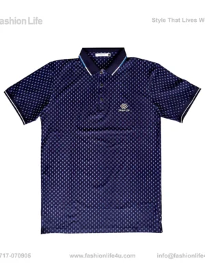 Premium China Stretch Polo Shirt–Digital Allover Print_Navy_Blue